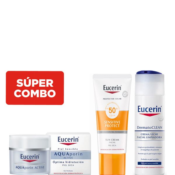 Combo-Eucerin-Leche-Limpiadora-Facial-Dermatoclean---Crema-Facial-Aquaporin-Active-Pieles-Secas---Protector-Solar-Crema-Sun-FPS-50